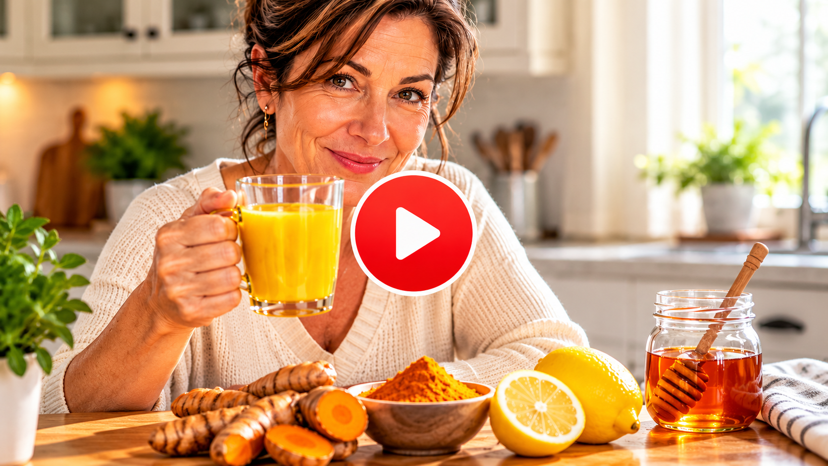 Woman holding a golden turmeric drink in a kitchen, with a play icon